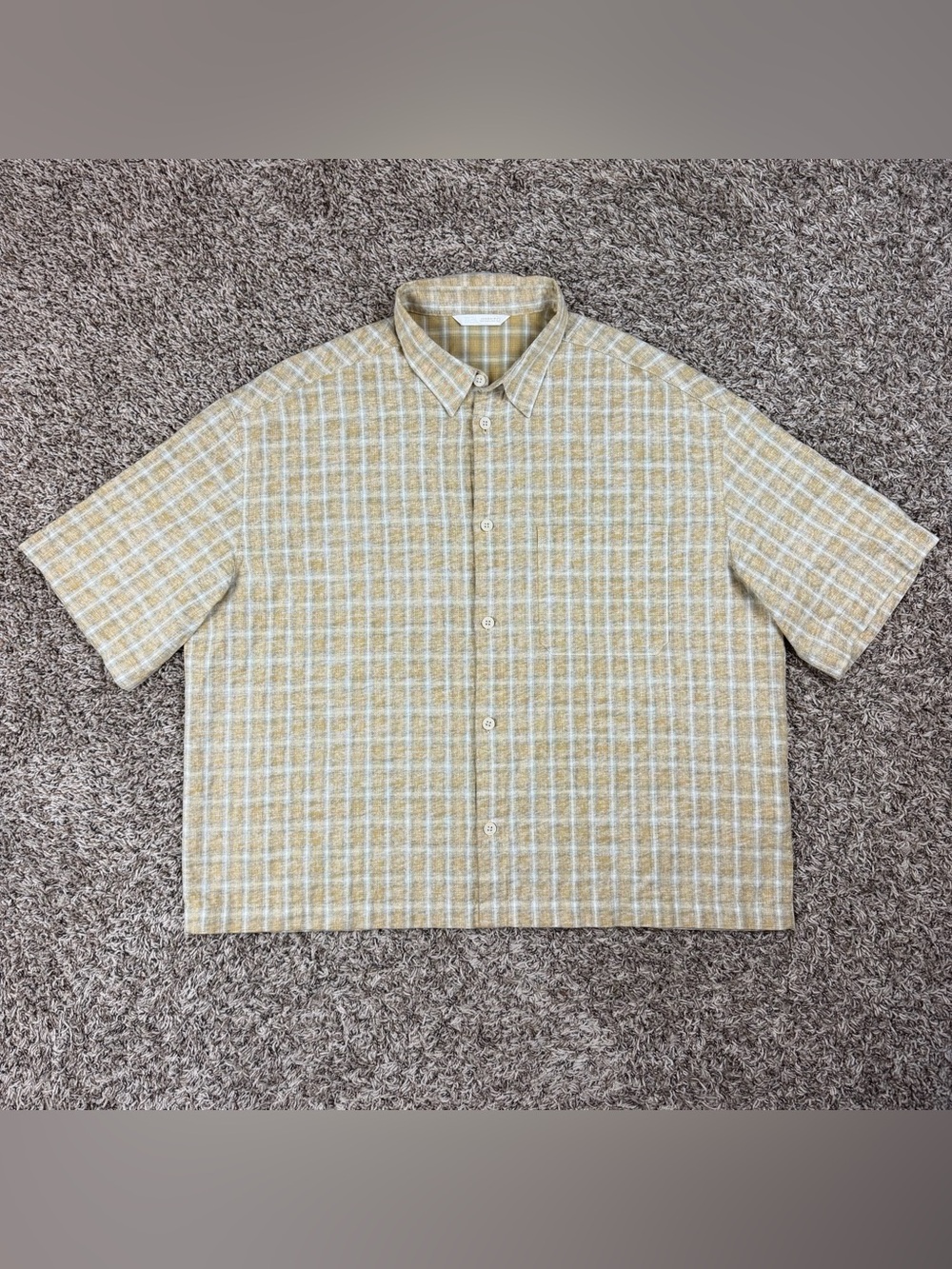 ZARA Mens Boxy Fit Plaid Beige Woven Short Sleeve Button Up Shirt XL Casual